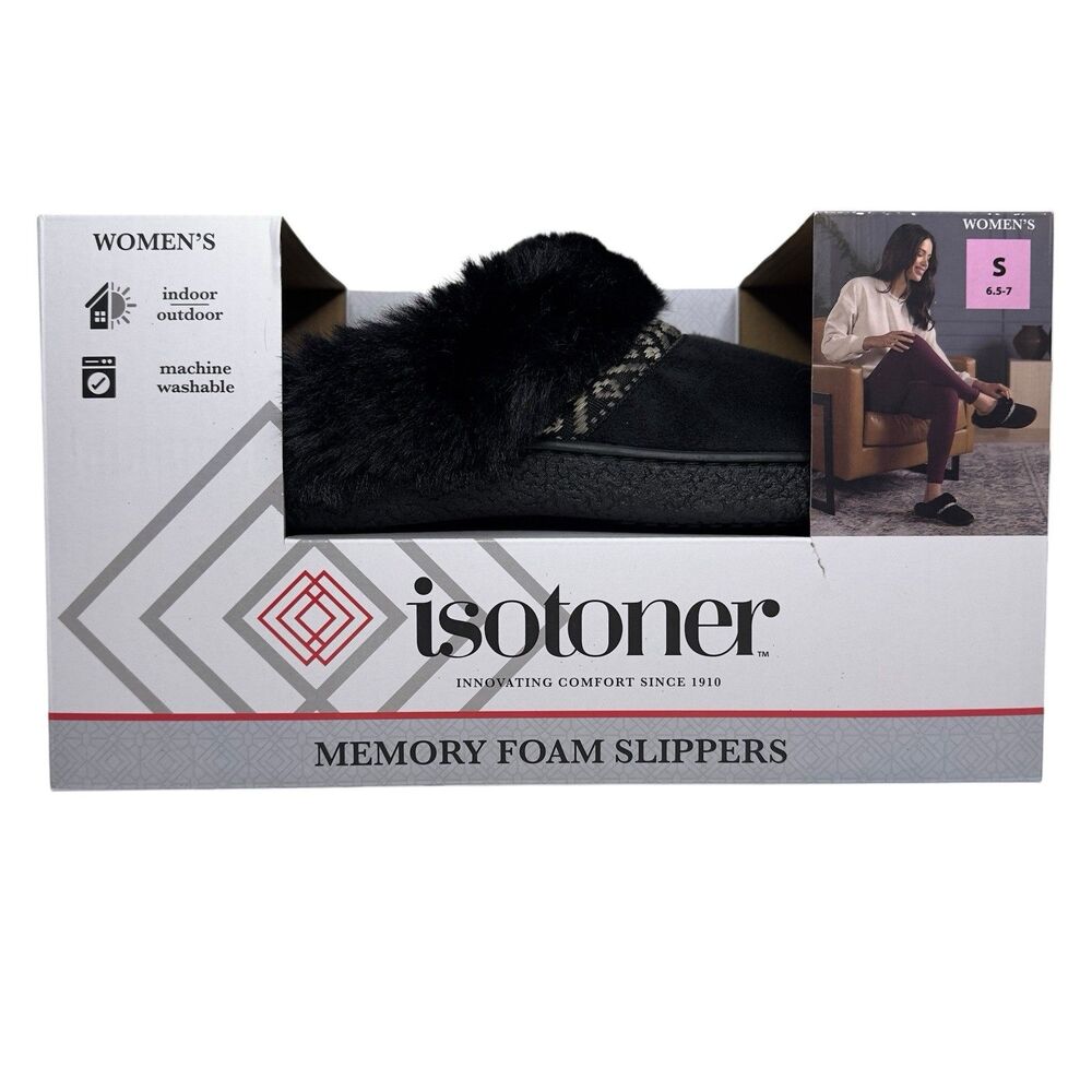 Isotoner Women’s Memory Foam Slippers Black Faux Fur Size S 6.5–7 NIB NEW In Box